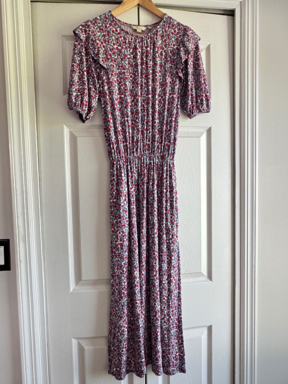 Boden Jersey Knit Midi Dress Ruffle Shoulder Paisley Floral All Over Print Sz 4 - Picture 4 of 16